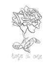 Vector illustration of outline rose with stem and leaves isolated on white background Royalty Free Stock Photo