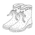 Vector illustration of outline rubber boots in black with ornate bow isolated