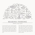 Vector illustration with outlined nautical and fishing signs forming a half-circle