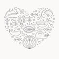 Vector illustration with outlined signs of marine animals forming a heart