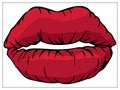 Vector illustration with outlines of Lips kiss. Cool sexy red kissed. For web, logo, icon, app, UI. Cartoon retro style Royalty Free Stock Photo