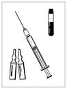 Vector illustration with outlines of medical syringe for injectings, vials with medicine and test tube with blood