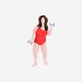 Vector illustration of overweight woman with dumbbells on a white background in a flat style. Female fitness.