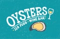 Vector illustration of Oyster seafood and wine bar logotype. Hand drawn lettering typography Royalty Free Stock Photo