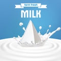 Vector illustration of packing of tetra pack with milk standing in the center of a dairy splash.