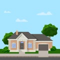 Modern design of a two-storey family house in a flat style. Vector illustration. The house is grouped and isolated.