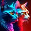 Vector illustration of a pair of cats on a dark background. The cat is looking at the camera. Generative AI