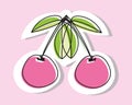 Vector illustration of a pair of cherries or sweet cherries in doodle style. Drawing with an offset outline.