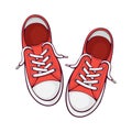 Pair red textile sneaker with rubber toe and loose lacing