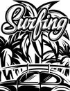 Vector illustration with palm trees and calligraphic inscription Surfing
