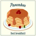 Vector illustration of a pile of pancakes. Baking with cherry syrup and cherries on a plate. Breakfast concept.