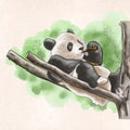 Vector illustration panda bear lies on a branch in watercolor style on a light brown textured background Royalty Free Stock Photo