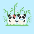 Vector illustration of panda couple in love with ornate bamboo isolated on blue background. Royalty Free Stock Photo