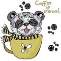 Vector illustration panda in a cup and writing coffee is eternal Royalty Free Stock Photo