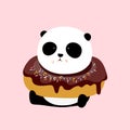 Vector Illustration: A panda is sitting on the ground, with a big dark chocolate and rum flavor doughnut / donut / bagel on neck