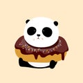 Vector Illustration: A panda is sitting on the ground, with a big dark chocolate and rum flavor doughnut / donut / bagel on neck.