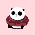 Vector Illustration: A panda is sitting on the ground, with a big dark chocolate and rum flavor doughnut / donut / bagel on neck.