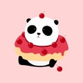 Vector Illustration: A panda is sitting on the ground, with a cherry flavor doughnut / donut / bagel on neck.