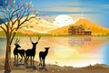 Vector illustration of panorama autumn landscape in countryside, forest trees with leaves falling and reindeers family. Panoramic