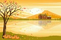 Vector illustration of panorama autumn landscape in countryside with forest trees and leaves fallingPanoramic of farm field with