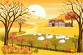 Vector illustration of panorama autumn landscape in english countryside with forest trees and leaves falling,Panoramic of farm