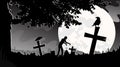 Vector illustration panorama landscape cemetery, night, moon, tombstones, zombies, monochrome, black and white, tree Royalty Free Stock Photo