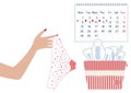 Vector illustration of pants with menstrual blood drops in women monthlies period, tampon and pads. Feminine hygiene in Menstrual