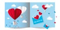 Vector illustration paper card for Valentines day. Open envelope with flying red hearts. Air balloons on blue sky background with Royalty Free Stock Photo