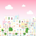 Vector illustration of paper city view in cartoon flat style. Town with houses and trees on pink sky background. Royalty Free Stock Photo