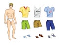 Vector illustration of paper doll man with set of stylish summer clothes and shoes Royalty Free Stock Photo