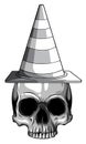 Monochromatic Vector illustration paper sticker Halloween icon witch hat with skull