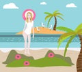 Vector illustration of paradise landscape with beautiful smiling long-haired girl wearing swimming suit, palm tree