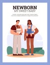 Vector illustration of parents, dark-skinned mom and dad holding babies in sling against the sky and the lawn, on walks
