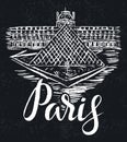 Paris label with hand drawn the Louvre, lettering Paris on a dark background