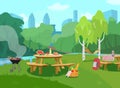 Vector illustration of park scene in city with tables with food and barbeque.
