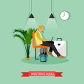 Vector illustration of passenger sitting in waiting hall, flat style. Royalty Free Stock Photo