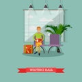 Vector illustration of passenger sitting in waiting hall, flat style. Royalty Free Stock Photo