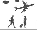 Vector illustration of passengers with suitcases walking through the airport.