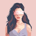 Vector illustration in pastel pink colors. Realistic young sexy woman with bare shoulders in a fashionable dress, blindfolded.