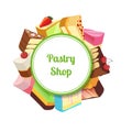 Vector illustration for pastry shop or confectionary with cartoon tasty cake Royalty Free Stock Photo