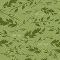 Vector illustration, pattern with image of leaves and branches and the inscription Spring on green background