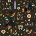 Vector illustration pattern. Indigenous style. Abstract plants, flower, leaf and feather. Ethnic faces of Native American or Afric