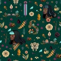 Vector illustration pattern. Indigenous style. Abstract plants, flower, leaf and feather. Ethnic faces of Native American or