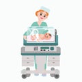 Vector illustration of pediatrician doctor with baby. Nurse examining newborn kid inside incubator box. Child care