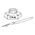 Inkwell with a pen for calligraphy. Vector illustration of a pen and ink. Hand drawn inkwell with a feather Royalty Free Stock Photo