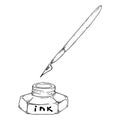 Inkwell with a pen for calligraphy. Vector illustration of a pen and ink. Hand drawn inkwell with a feather Royalty Free Stock Photo