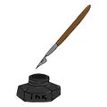 Inkwell with a pen for calligraphy. Vector illustration of a pen and ink. Hand drawn inkwell with a feather Royalty Free Stock Photo