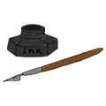 Inkwell with a pen for calligraphy. Vector illustration of a pen and ink. Hand drawn inkwell with a feather Royalty Free Stock Photo