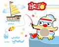 Cartoon of penguin and hermit crab fishing with sailboat in the sea Royalty Free Stock Photo