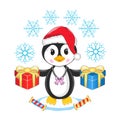 Vector illustration of a penguin in a Santa Claus hat with gifts and snowflakes on a white background. Christmas, New Year. Royalty Free Stock Photo